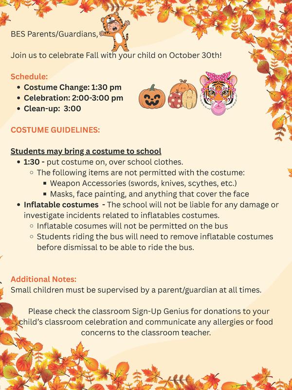 Seasonal flyer detailing a Fall celebration for children with guidelines and instructions.