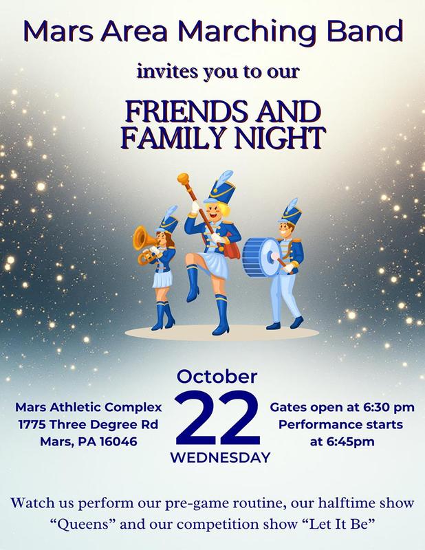 A flyer with three marching band members and a a starry design