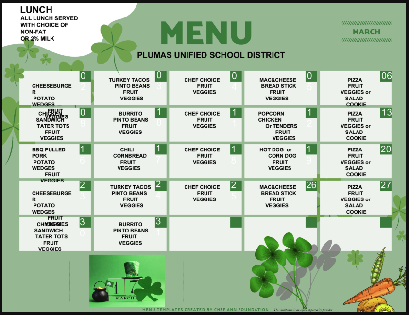 March 26 Lunch menu