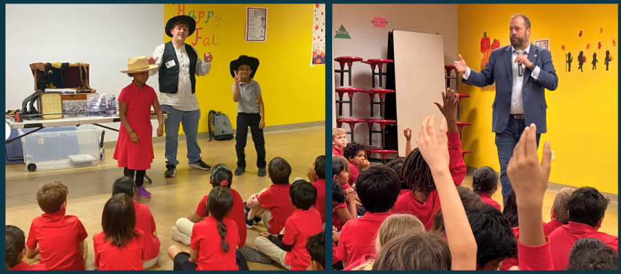 Students try on cowboy hats; Rep. Bucy speaks with third graders