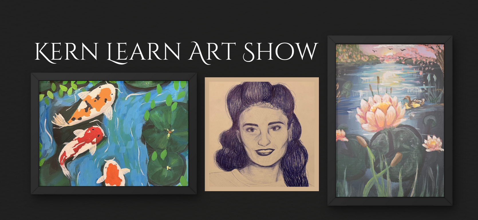 Three framed artworks displayed on a black wall, including koi fish, a portrait, and water lilies.