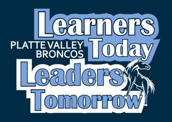 Blue "Platte Valley Broncos Learners Today Leaders Tomorrow" with a horse