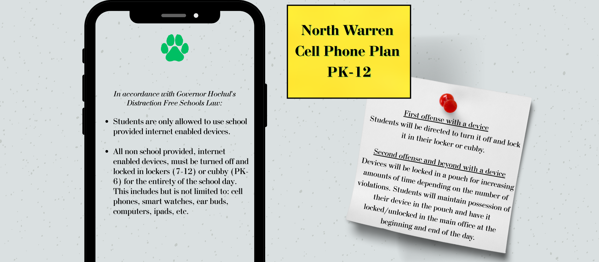 North Warren Cell Phone Plan PreK-12: 
In accordance with Governor Hochul's Distraction Free Schools Law:

Students are only allowed to use school provided internet enabled devices. 
All non school provided, internet enabled devices, must be turned off and locked in lockers (7-12) or cubby (PK-6) for the entirety of the school day. This includes but is not limited to: cell phones, smart watches, ear buds, computers, ipads, etc.