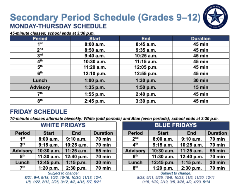 A screenshot of Secondary Period Schedule (Grades 9-12)