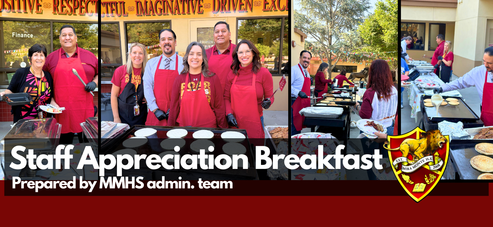 Staff appreciation breakfast with various staff cooking and serving food.