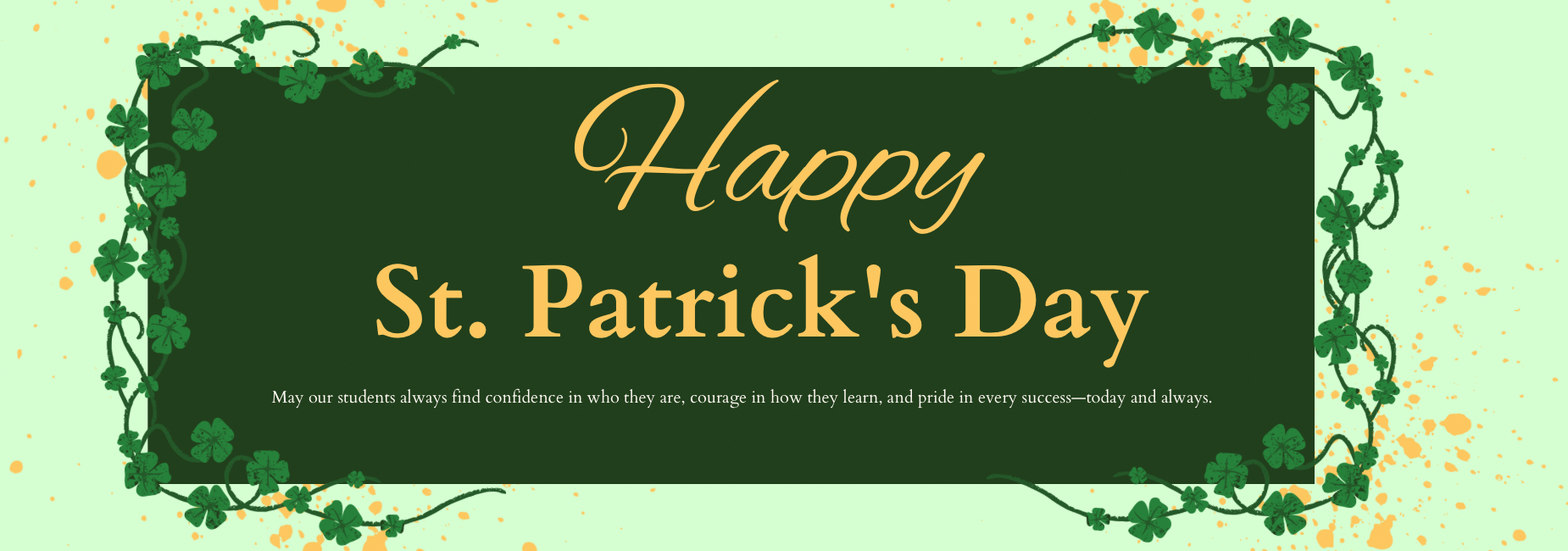 Text celebrating St. Patrick's Day with green clovers and a festive background.
