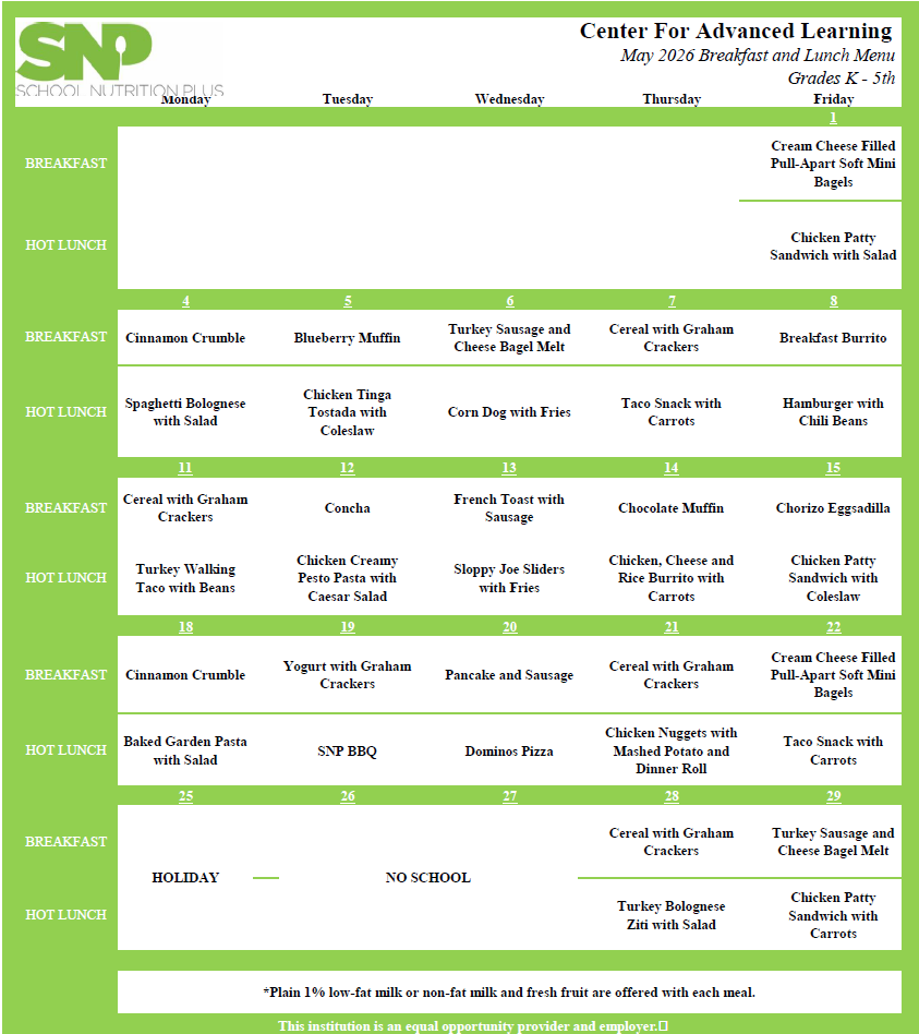 May 2026 Menu