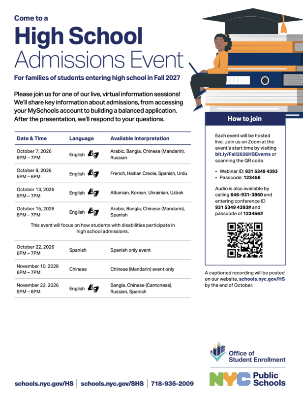 High schools admission event flyer with person sitting on books, dates and times for presentations