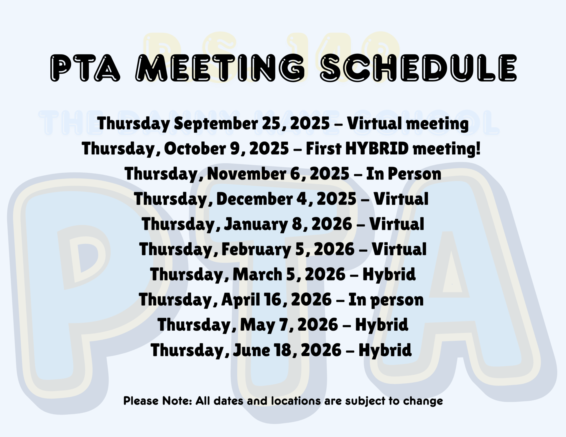 PTA meeting schedule
