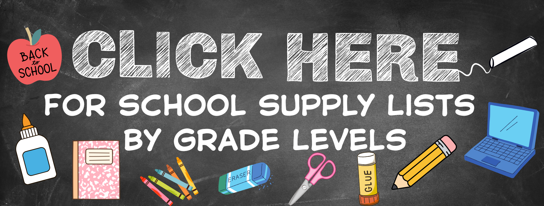 Banner with text promoting school supply lists with icons of supplies.