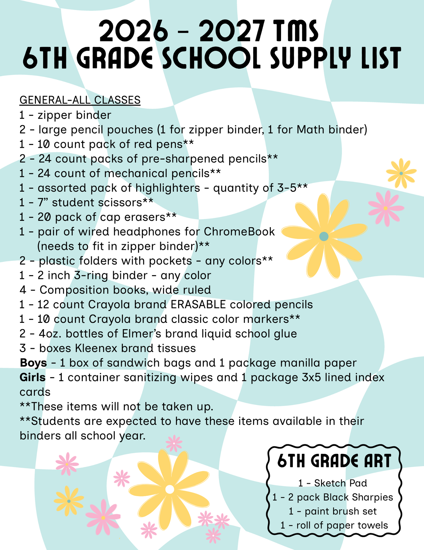 6th grade school supply list 2026-27