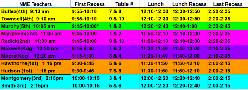 Color-coded lunch schedule by class