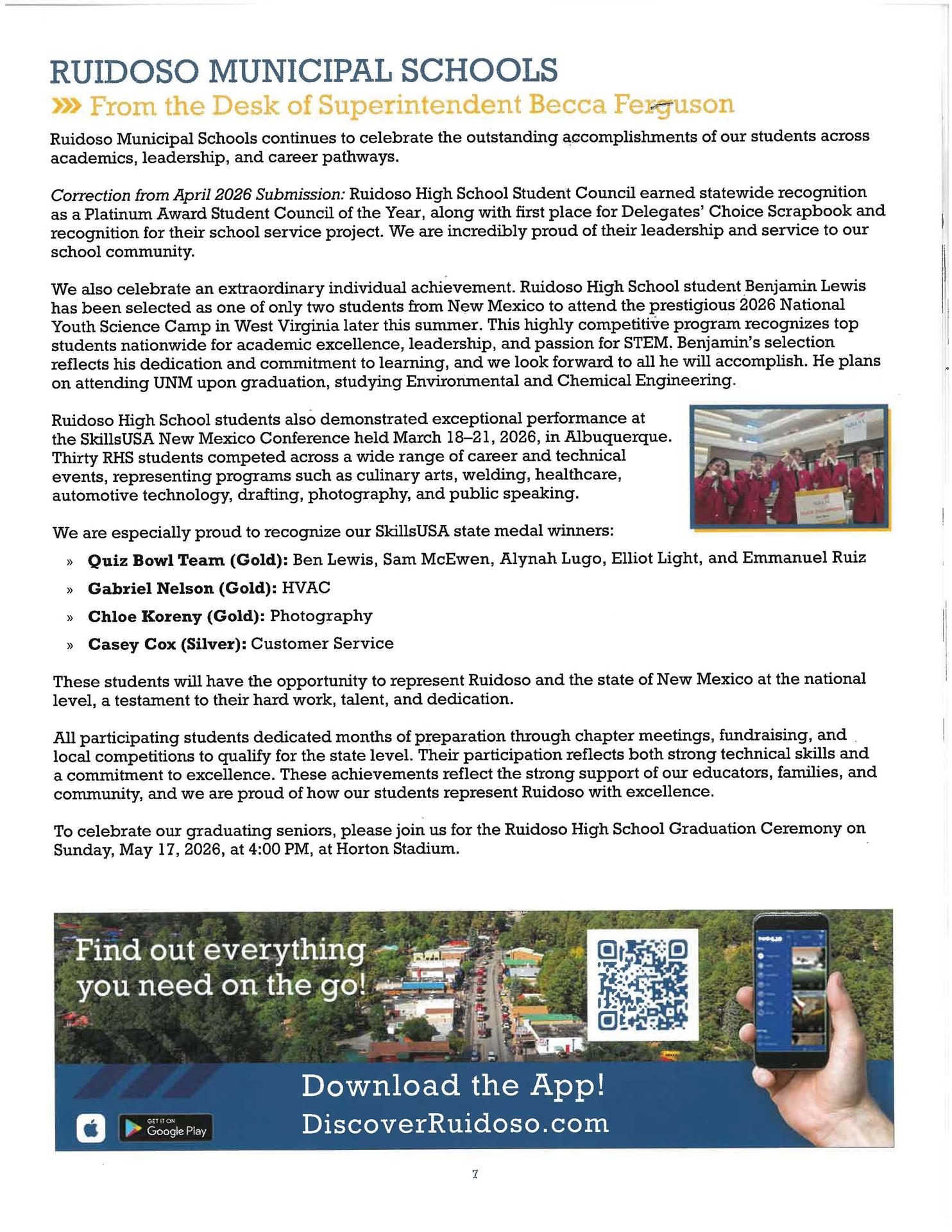 Correction notice and highlights of student accomplishments at Ruidoso High School.
