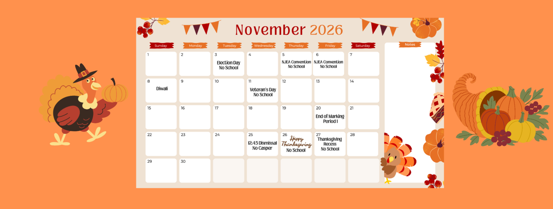 November 2026 calendar with fall decorations and Thanksgiving themes.