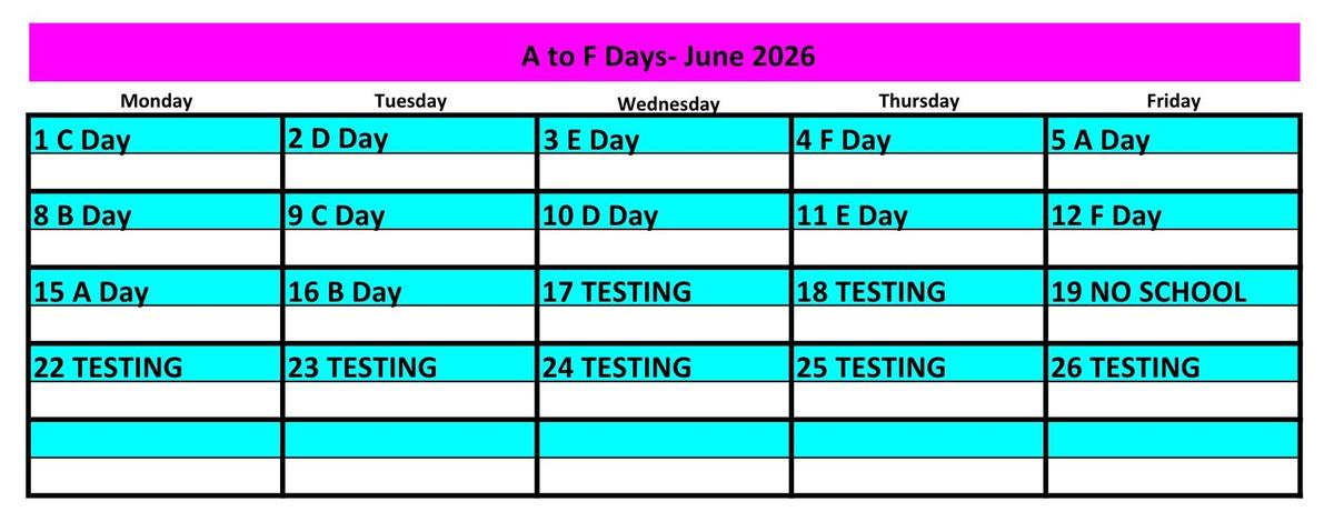 June 2026 - Cycle Day Calendar 