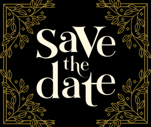 Save the date on black background with gold accents