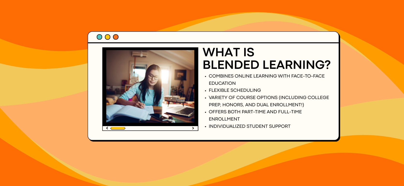 Student studying with books, featuring blended learning information on one side.