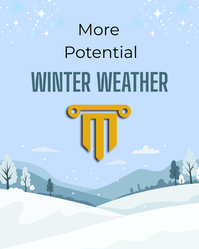 Illustration of a snowy scene and the words "More Potential Winter Weather"