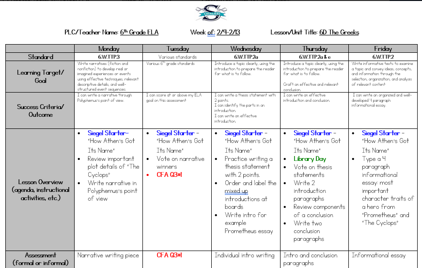 ELA Lesson Plans Feb 9 - 13