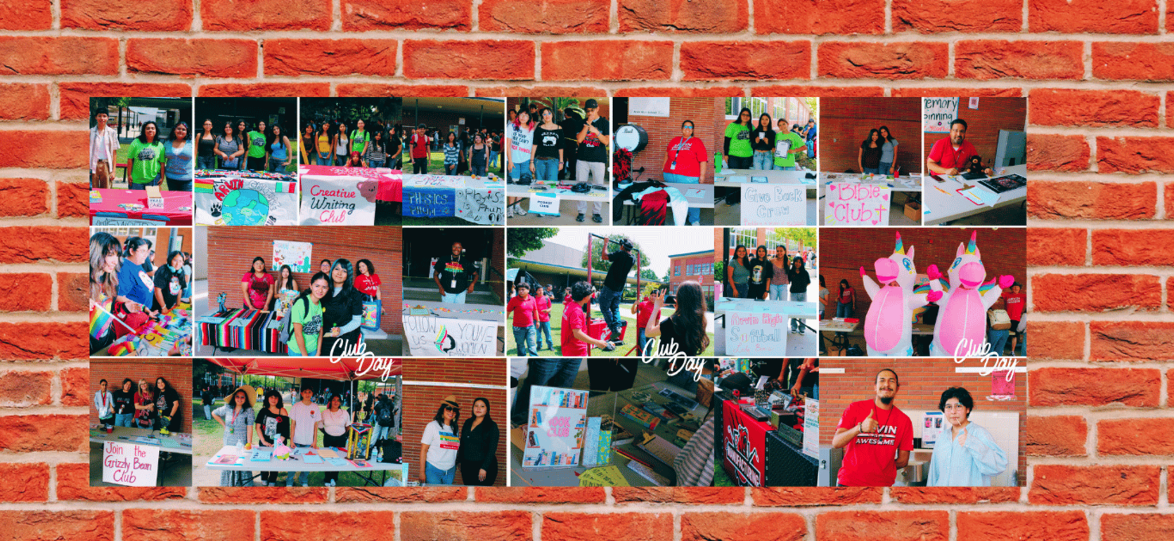 Collage of event booths and participants against a brick wall backdrop.