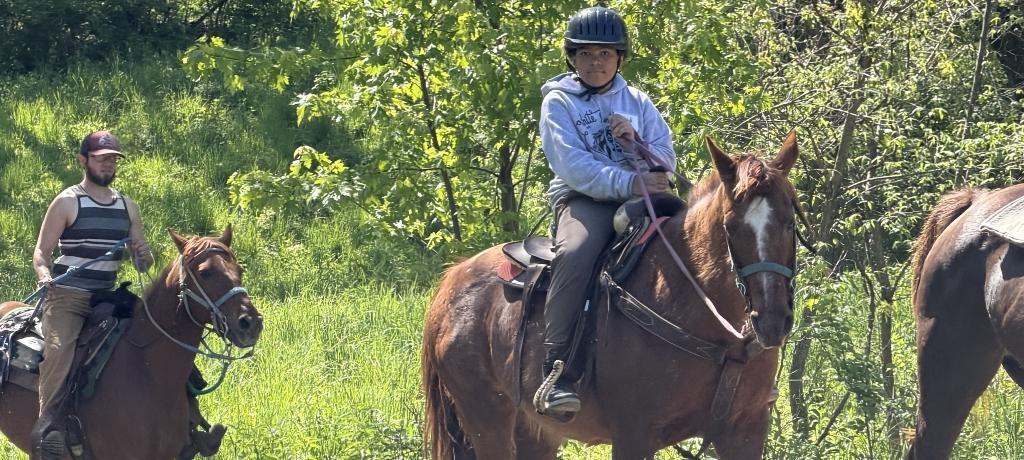 boy wearing helmut rides a brown horse