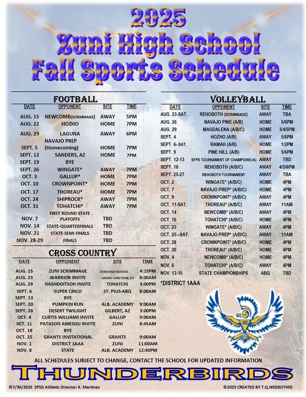 2025 Thunderbirds Fall Sports Schedule