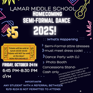 Homecoming dance on october 24 from 6:45 until 8:30pm