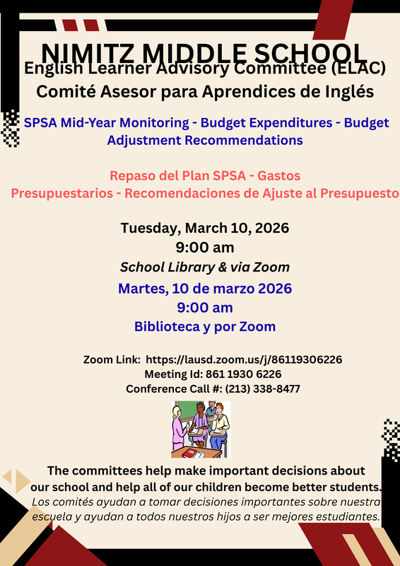 English Learner Advisory Committee (ELAC) Meeting - March 10 at 9:00 am