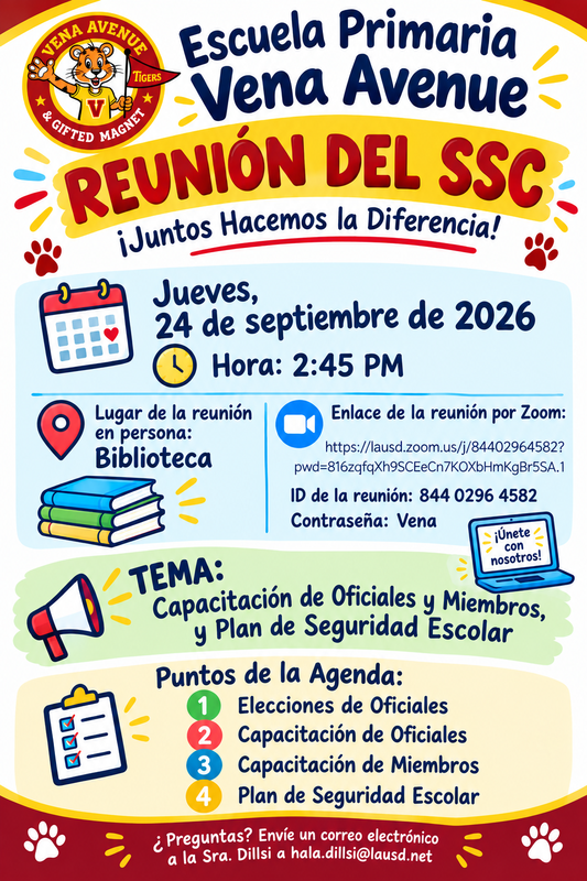 Reunión del SSC: jueves, 24 de septiembre de 2026, a las 2:45 p. m. en la biblioteca y por Zoom.