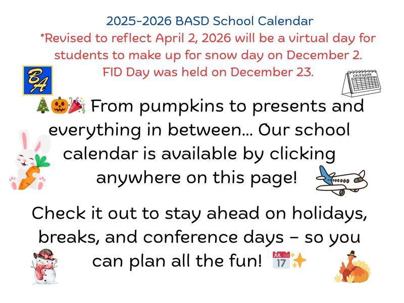 Text newsletter announcing the BASD School Calendar updates for 2025-2026.