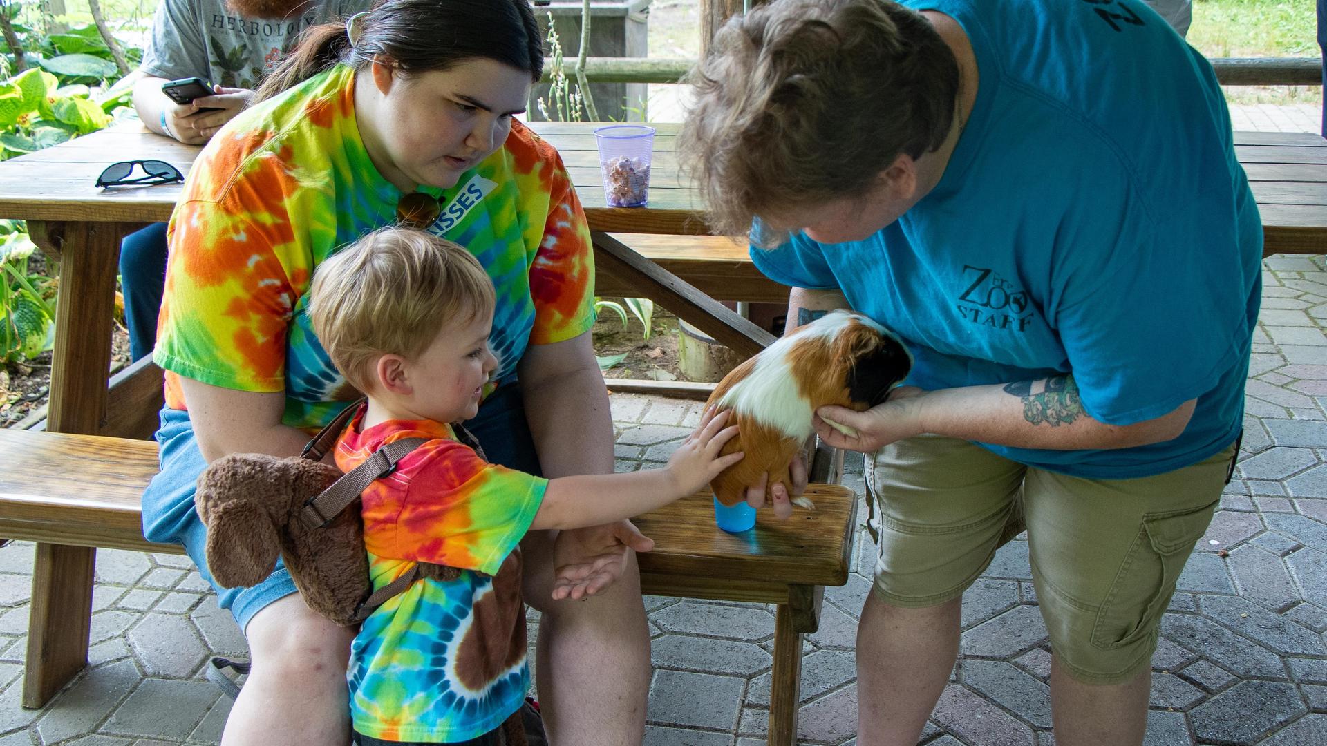 An IU5 Elect program student and their young child in matching colorful shirts, petting a guinea pig held by Erie Zoo staff outside during the program's annual trip to the zoo.