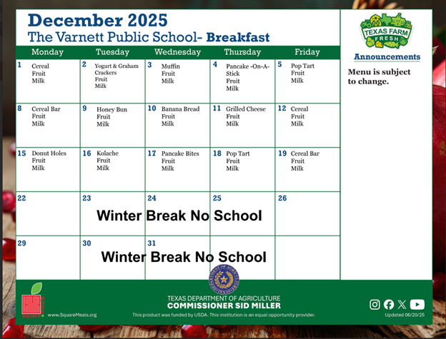 December 2025 Breakfast Menu! Featured Photo