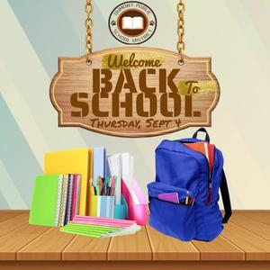 graphic image of backpack and school supplies with welcome back message