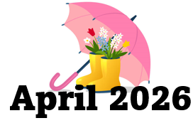 April sign in front of an umbrella and pink rain boots