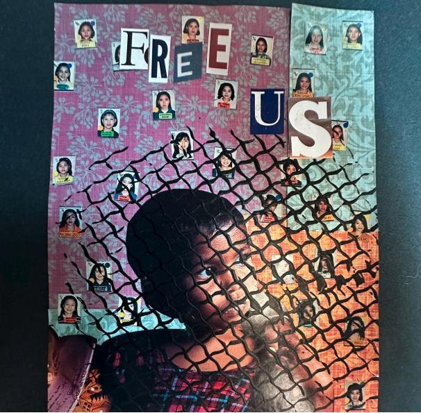 Student artwork showing child behind graphic fence with words