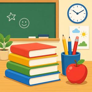 Colorful stacked books with an apple, pencils, and a chalkboard in a classroom.