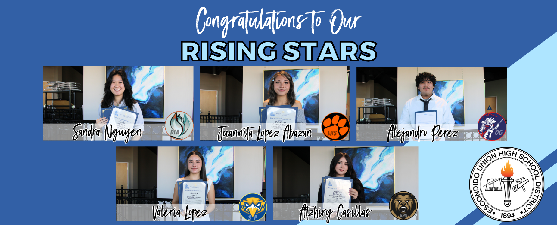 Six students holding certificates with congratulatory text above them.