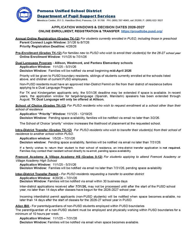 PUSD APPLICATION WINDOWS and DECISION DATES FOR 2026-2027
