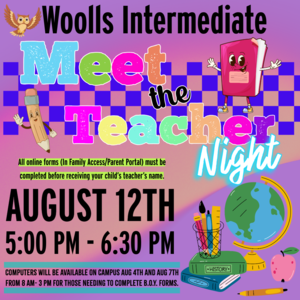 Meet the teacher night, Aug 12, 5-6:30 PM