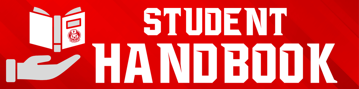 red background with white text saying Student Handbook
