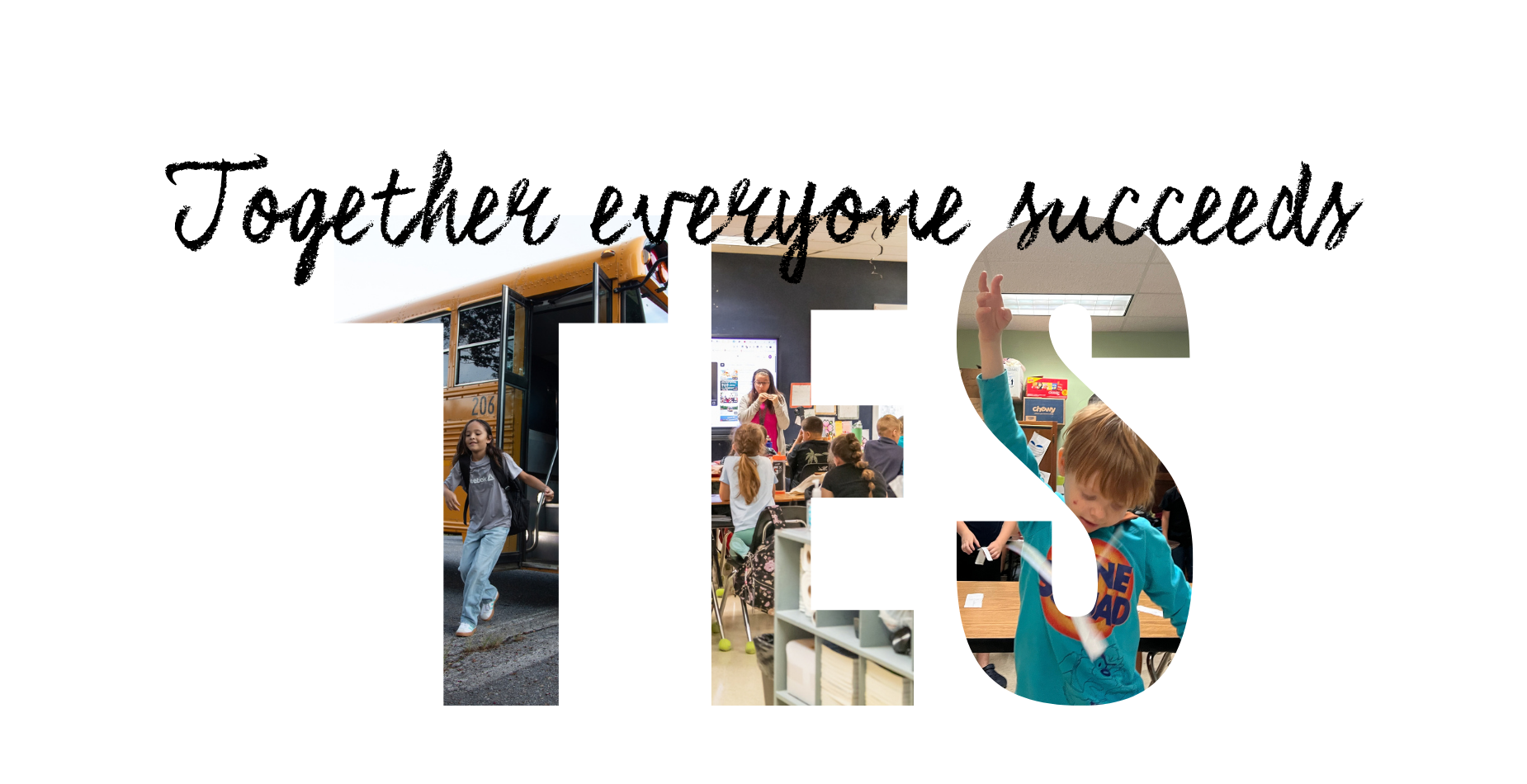 Collage of students, a bus, and text promoting teamwork and success.