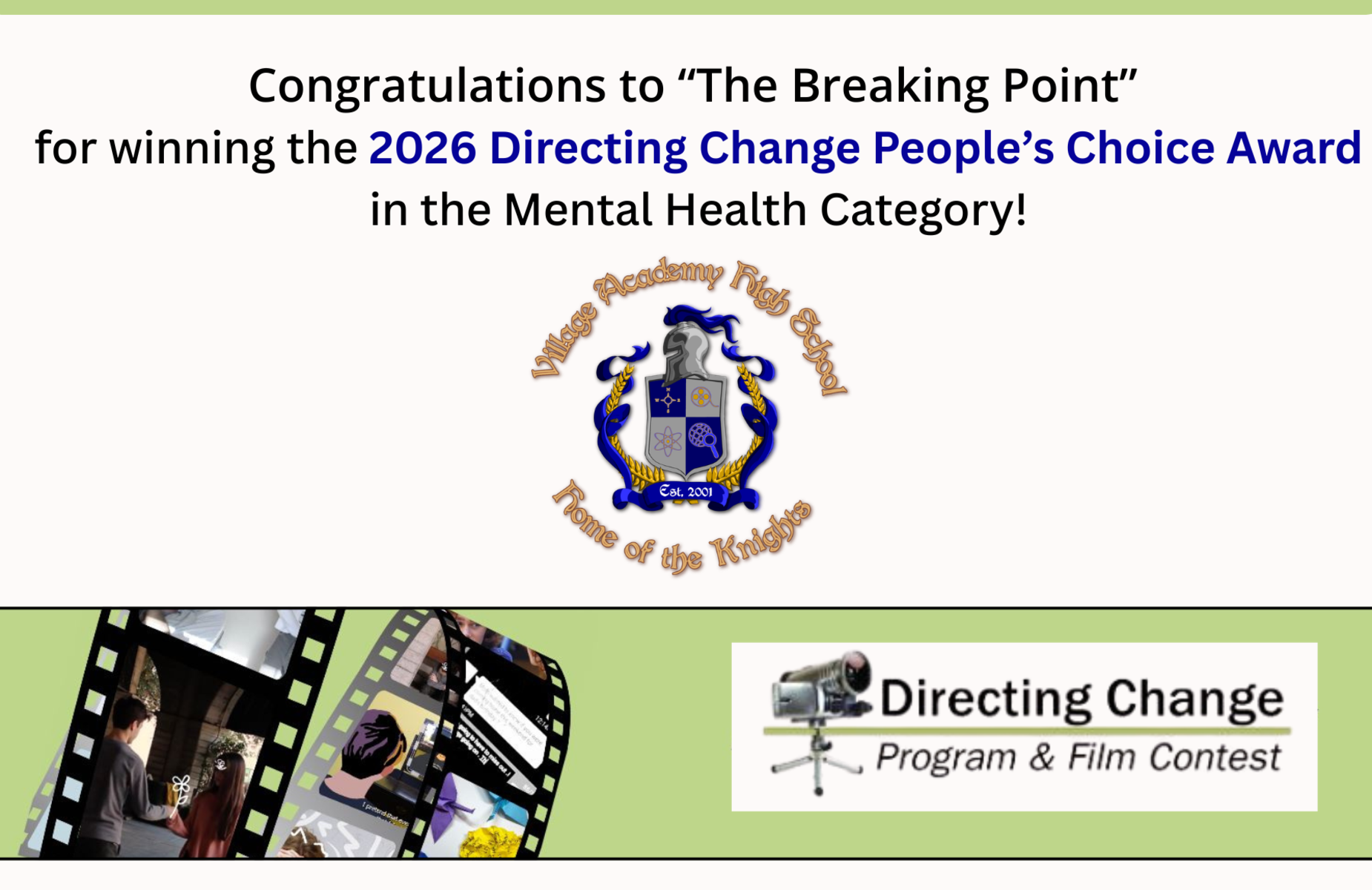 Directing Change banner for homepage - Congratulations to VAHS