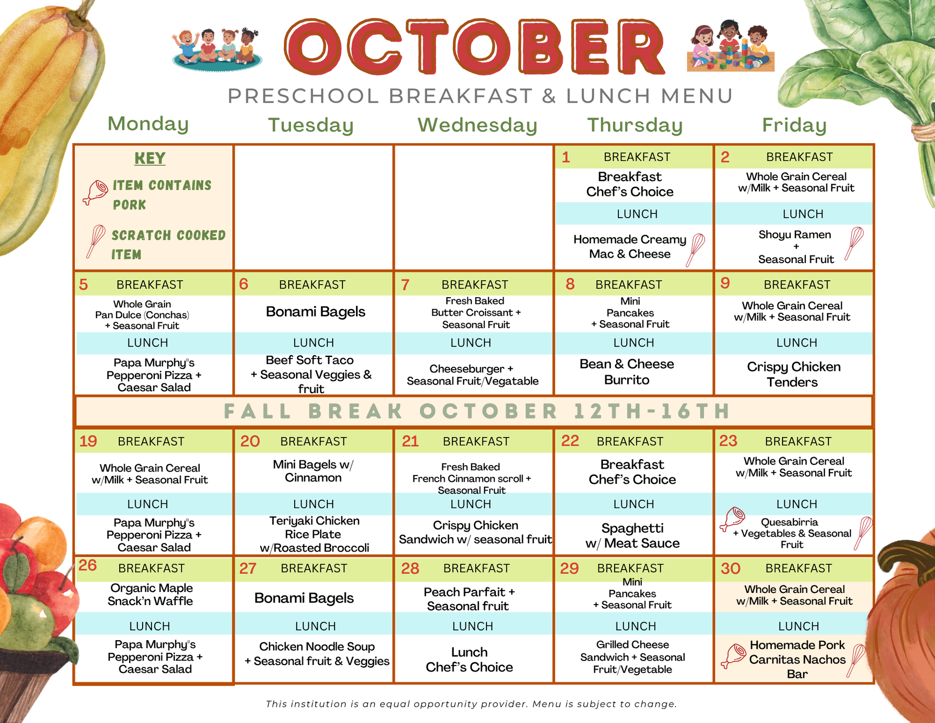 Sept 2026 Preschool Menu