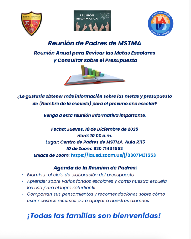 Volante de la reunión de padres de MSTMA sobre metas escolares y presupuesto – 18 de diciembre de 2025