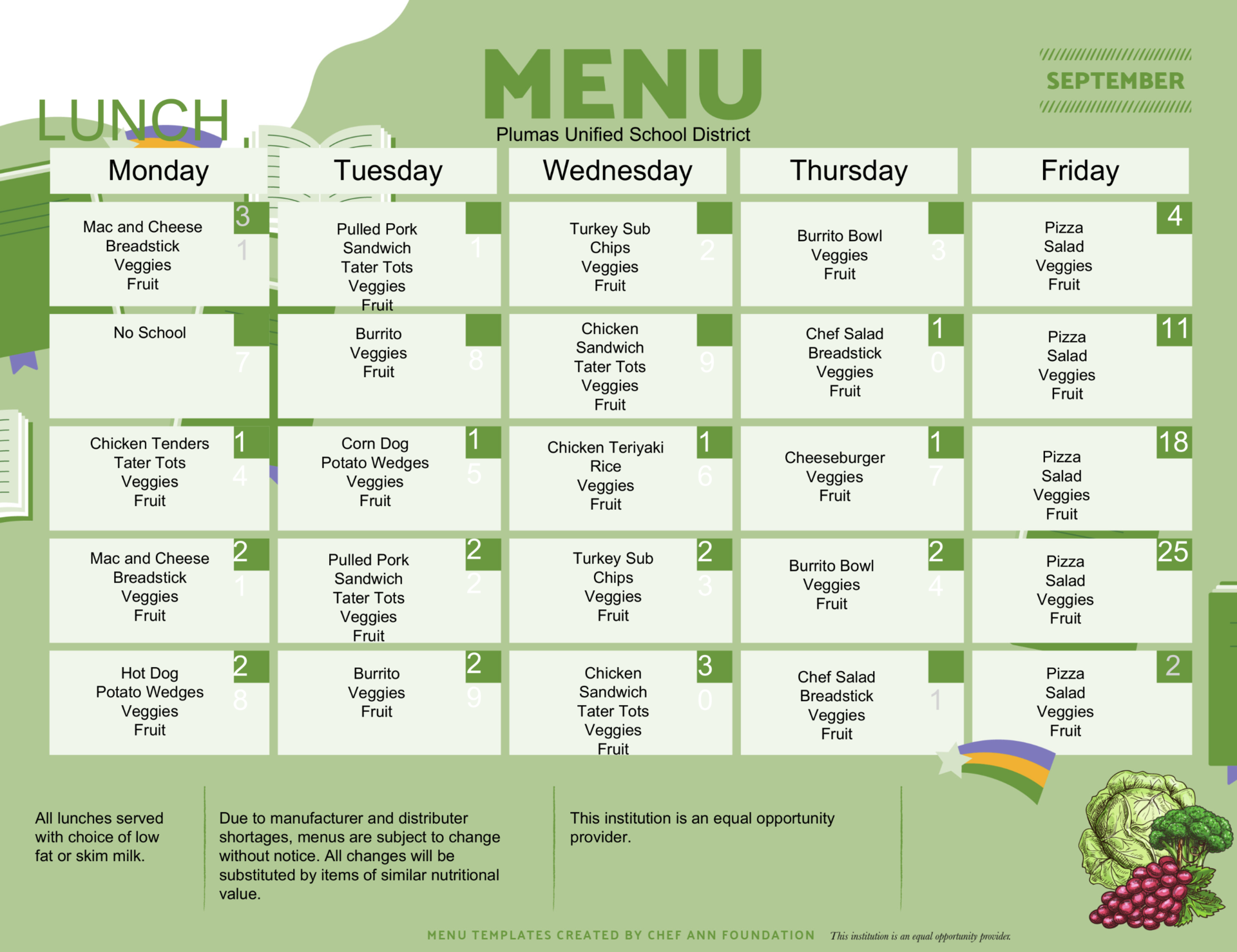 September Lunch menu