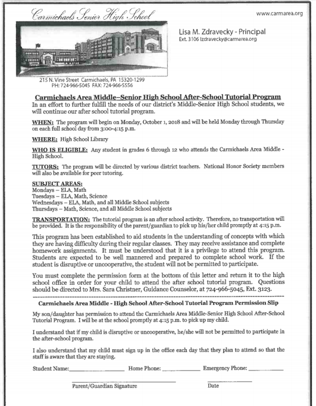 MS/HS Afterschool tutoring info Carmichaels Area School District