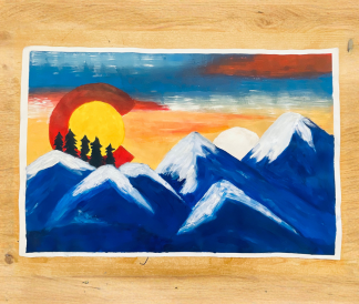 Artwork featuring Colorado flag sunset and snow-capped mountains