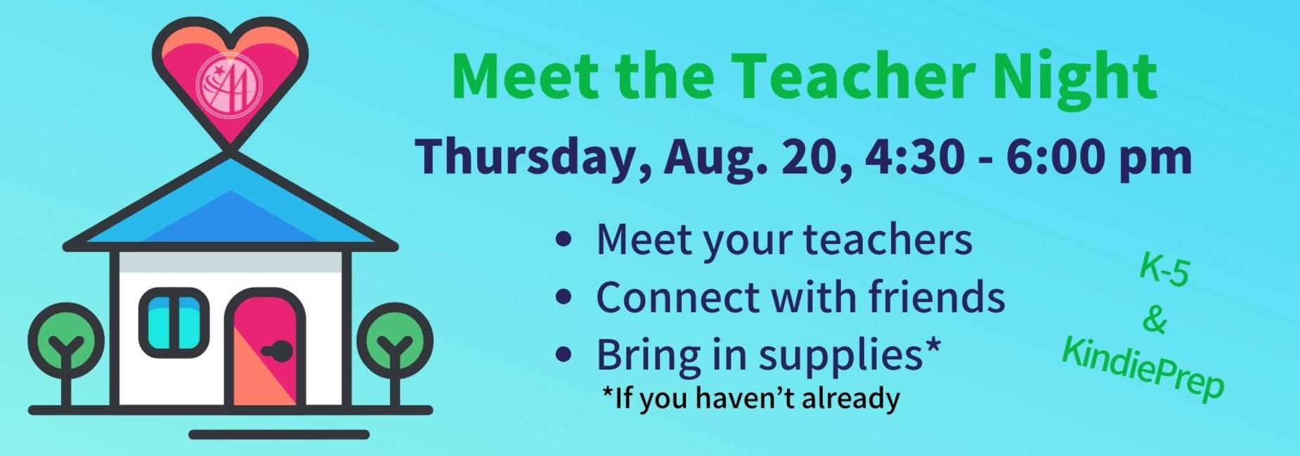 Event announcement for Meet the Teacher Night with a house icon and heart.