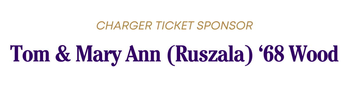 graphic with purple text reading Tom and Mary Ann Ruszala '68 Wood