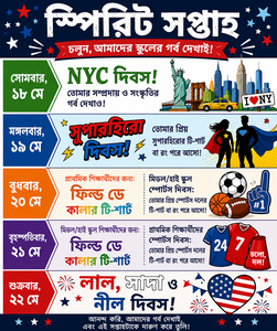 A graphic displays a school Spirit Week schedule with daily themes and dates from Monday, May 18 to Friday, May 22.